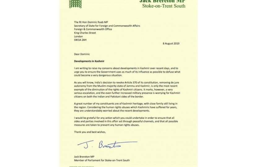 Jack Brereton letter to Foreign Secretary